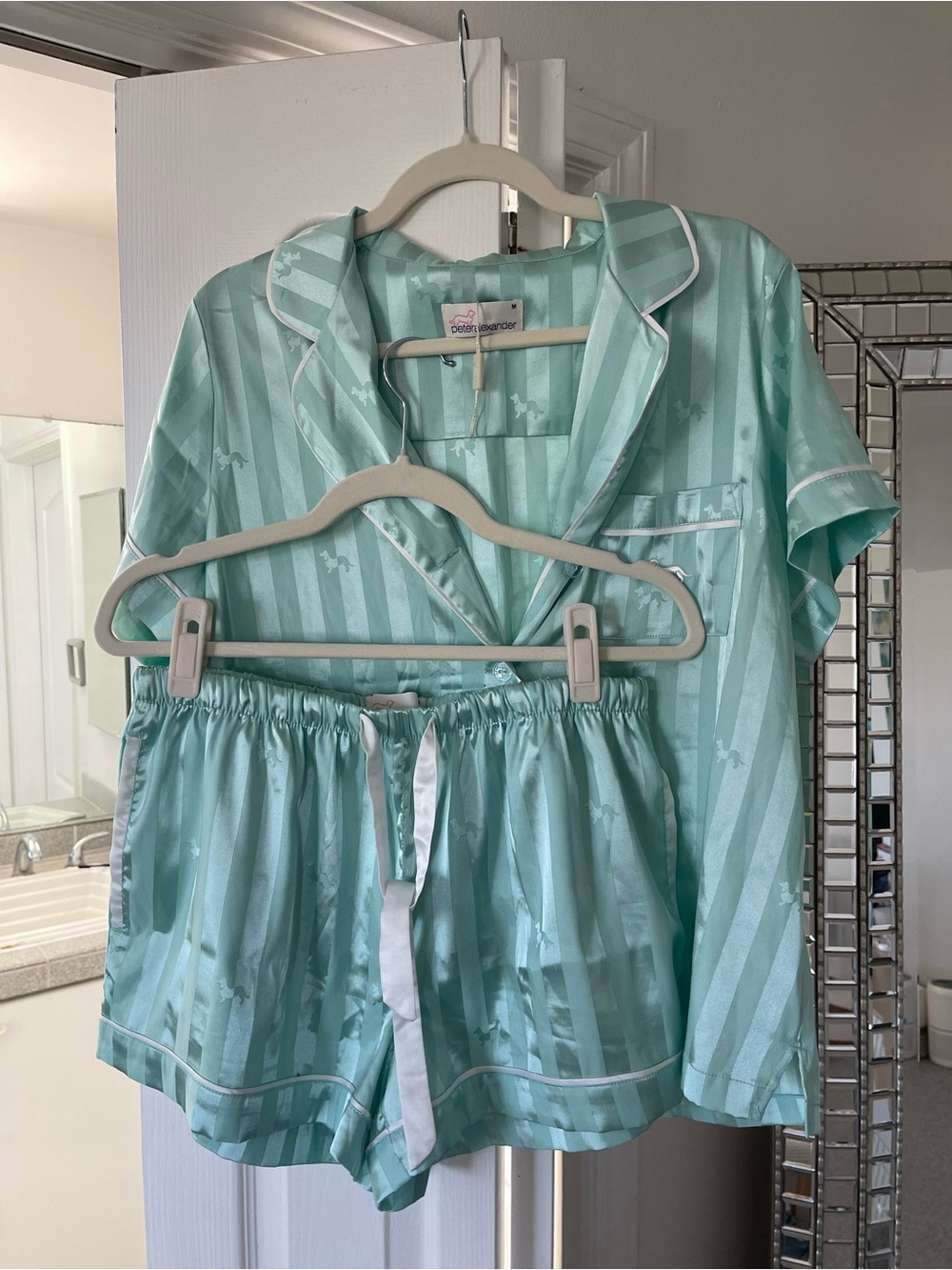 Peter Alexander Satin Stripe Short Pajama Set - Mint Green NWOT